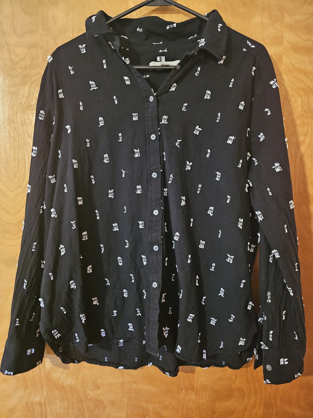 LOFT Black Button-Down Shirt with White Micro Motif